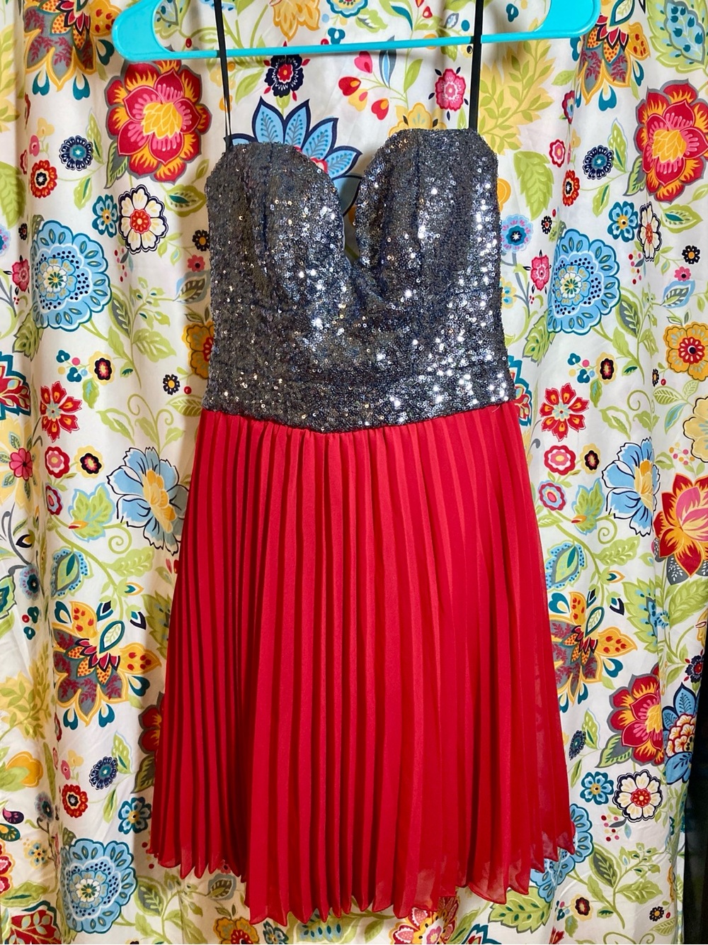 B Darlin Strapless Dark Gray/Silver Sequin Bodice with Red Pleated Skirt